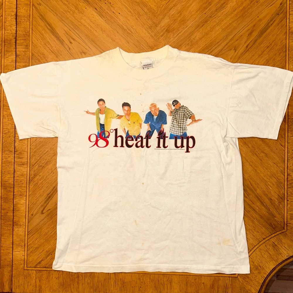Vintage 98 Degrees T-Shirt Size XL White 1998 Heat It Up Tour Graphic Pop Music